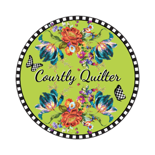 Courtly Quilter round logo with teal and orange flowers, black and white checker butterflies, lime green background and black and white checkered border