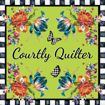 Courtly Quilter square logo with teal and orange flowers, black and white checker butterflies, lime green background and black and white checkered border