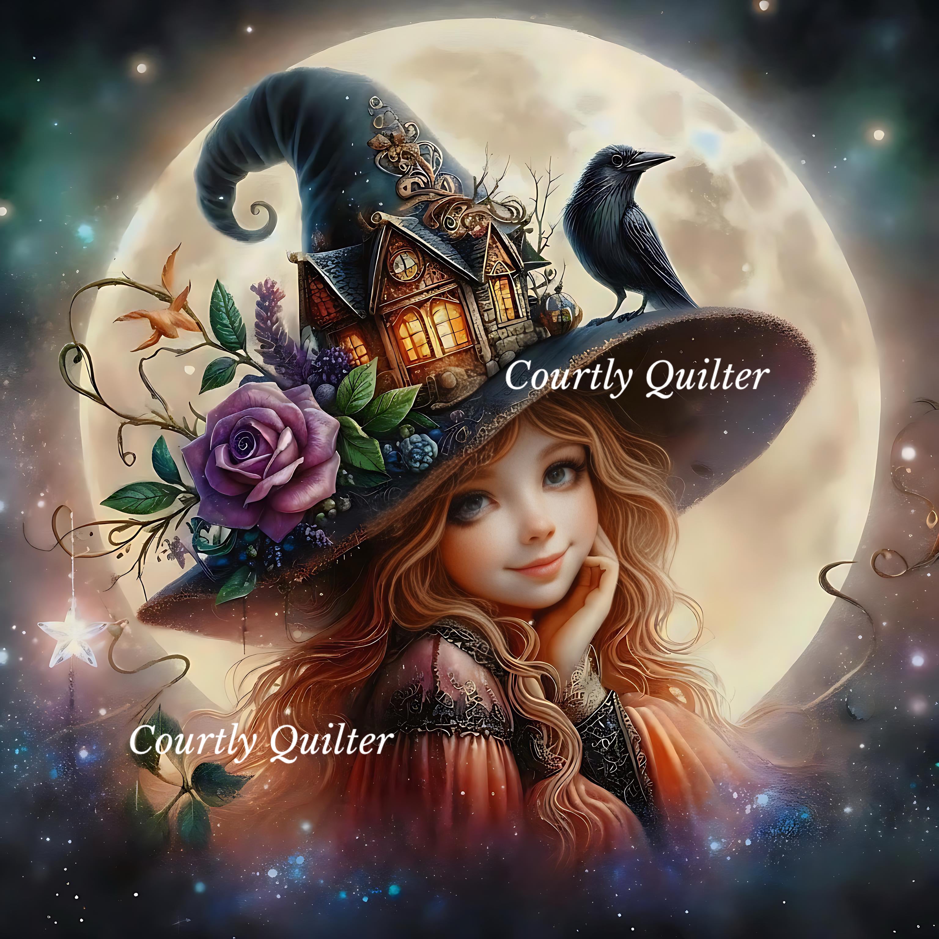 Young girl with long red hair wearing a large witch hat adorned with a miniature haunted fairy house, flowers, and a black raven.