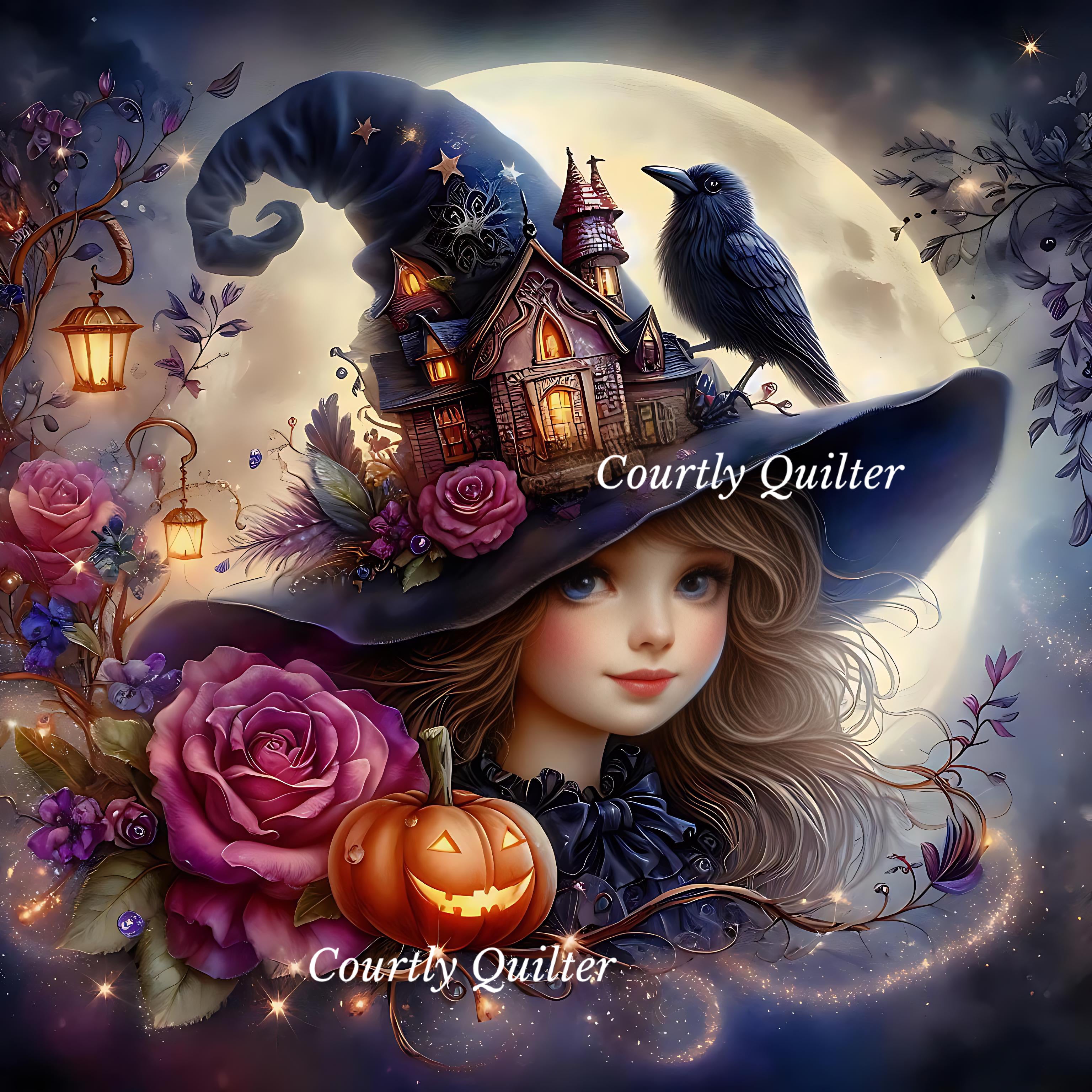 Young girl with long light brown hair wearing a large witch hat adorned with a miniature haunted fairy house, pink roses, and sparkles, with a black raven perched on the hat. 