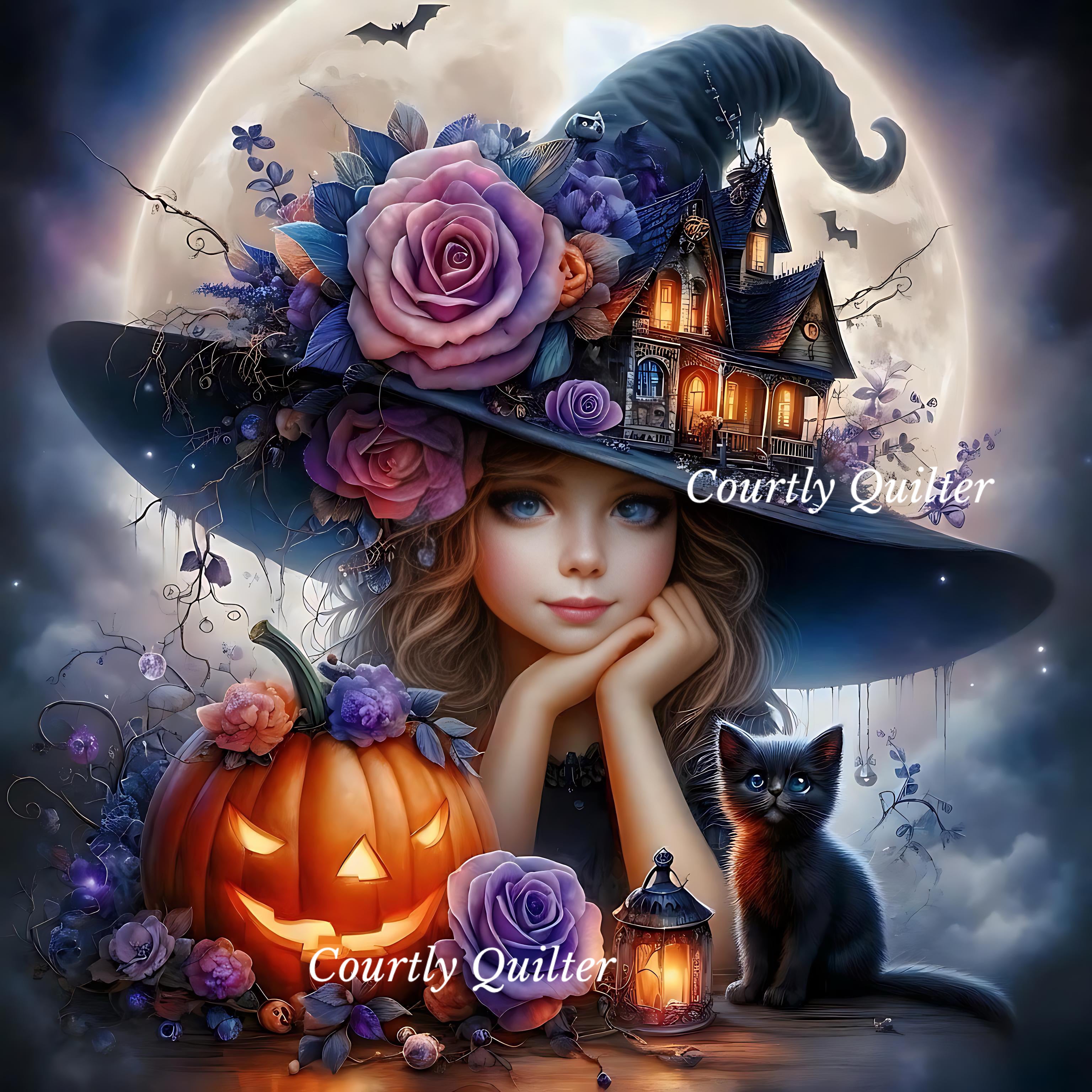 Young girl in a large witch hat with purple roses, a glowing jack-o'-lantern, a black cat, and a haunted fairy house on her hat.