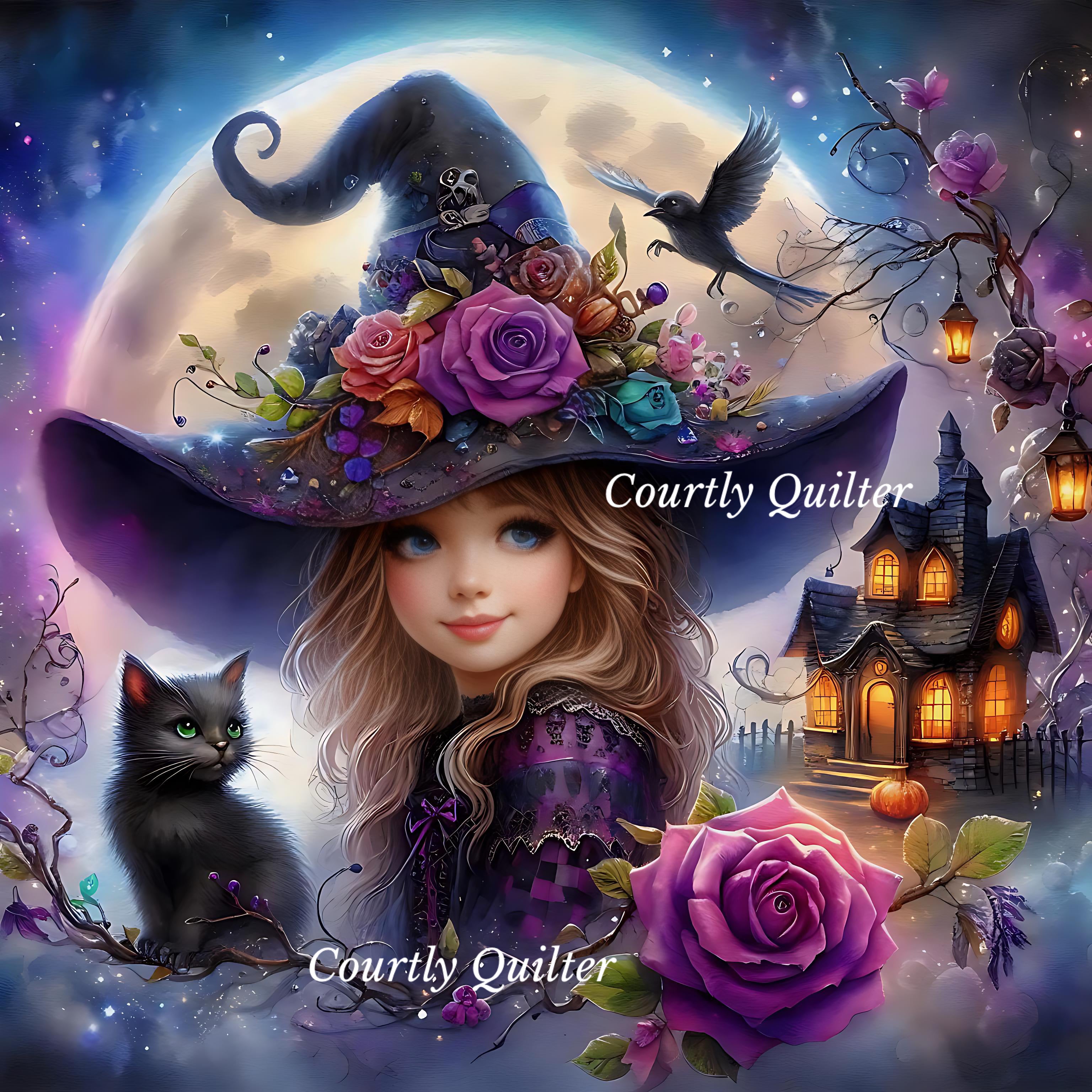 Young girl in a large witch hat with purple and pink roses, set against a full moon, with a black cat, haunted house, and glowing lanterns.