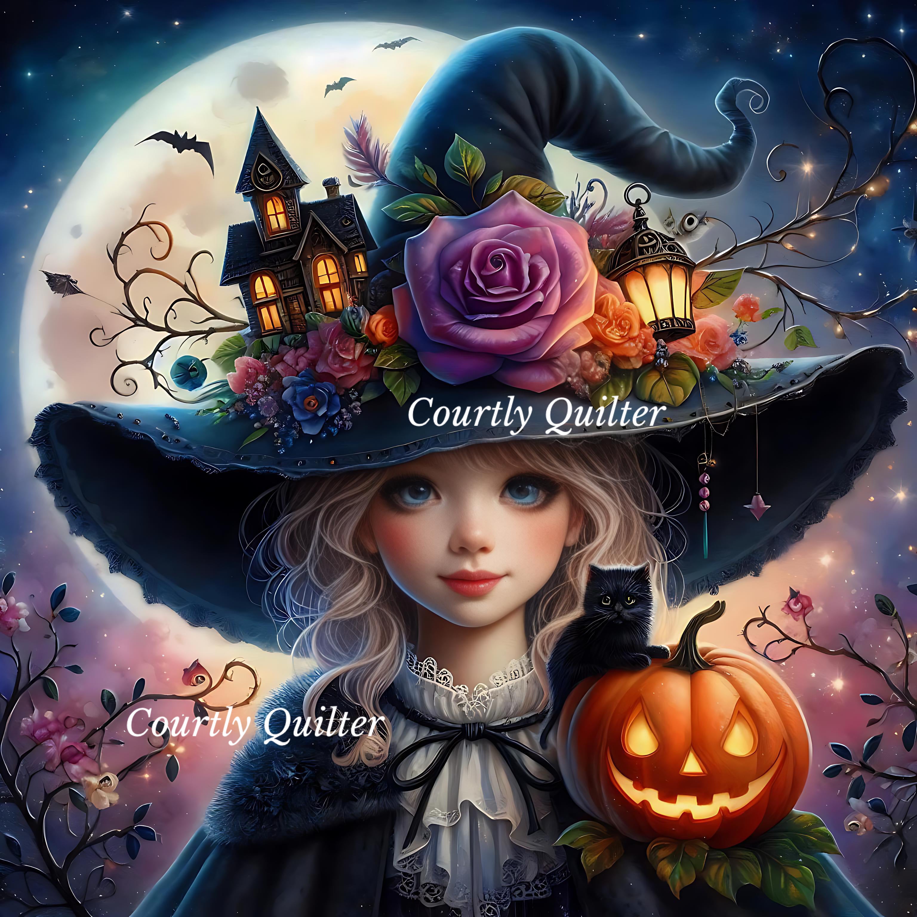 Young girl in a dark witch's hat with a large purple rose, flowers, a lantern, and a small black cat on her shoulder, holding a glowing jack-o'-lantern.