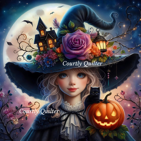 Young girl in a dark witch's hat with a large purple rose, flowers, a lantern, and a small black cat on her shoulder, holding a glowing jack-o'-lantern.