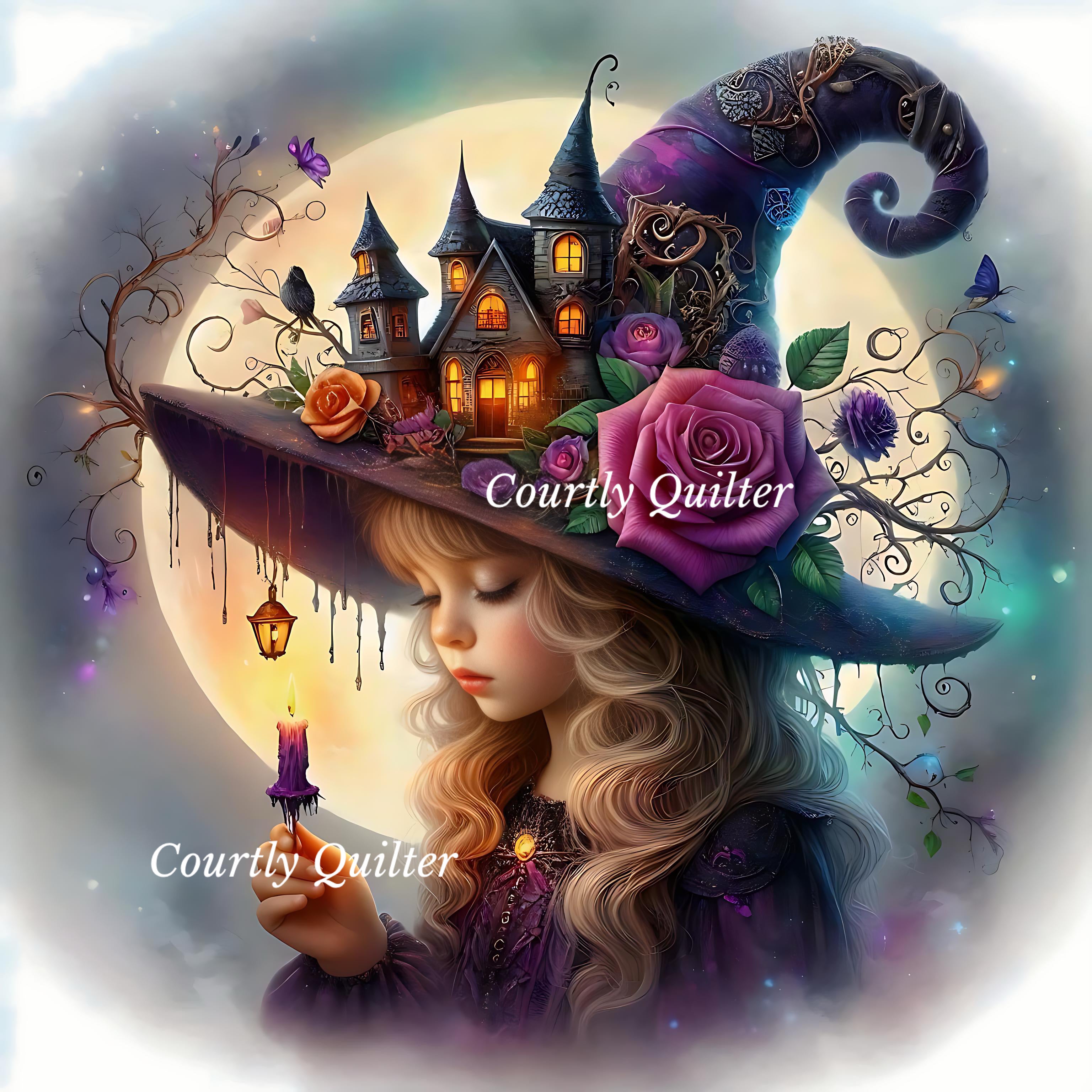 Young girl in a purple witch hat holding a glowing candle in front of a haunted house and a large moon.