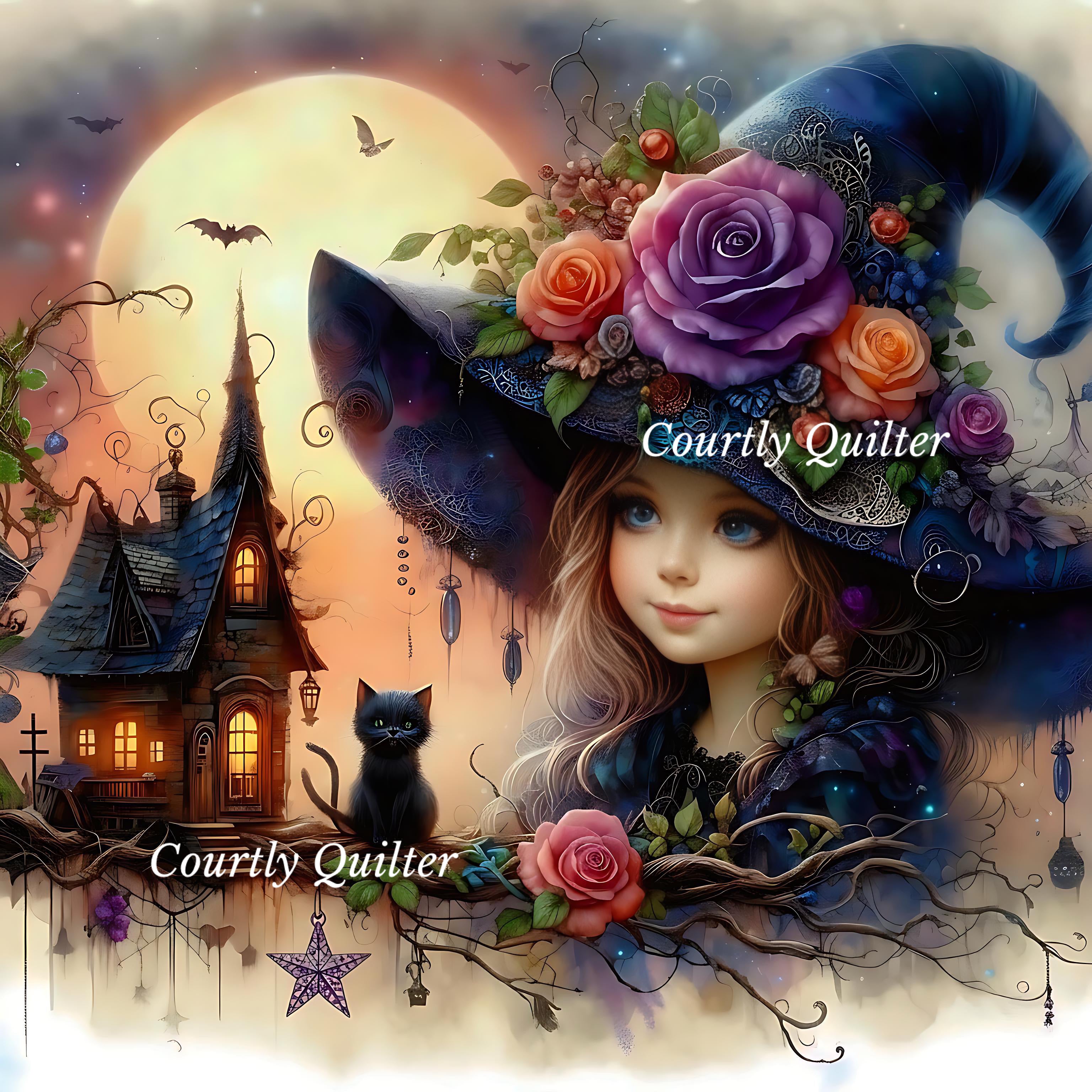 Young girl wearing an oversized dark blue witch hat decorated with large purple and pink roses, green leaves.
