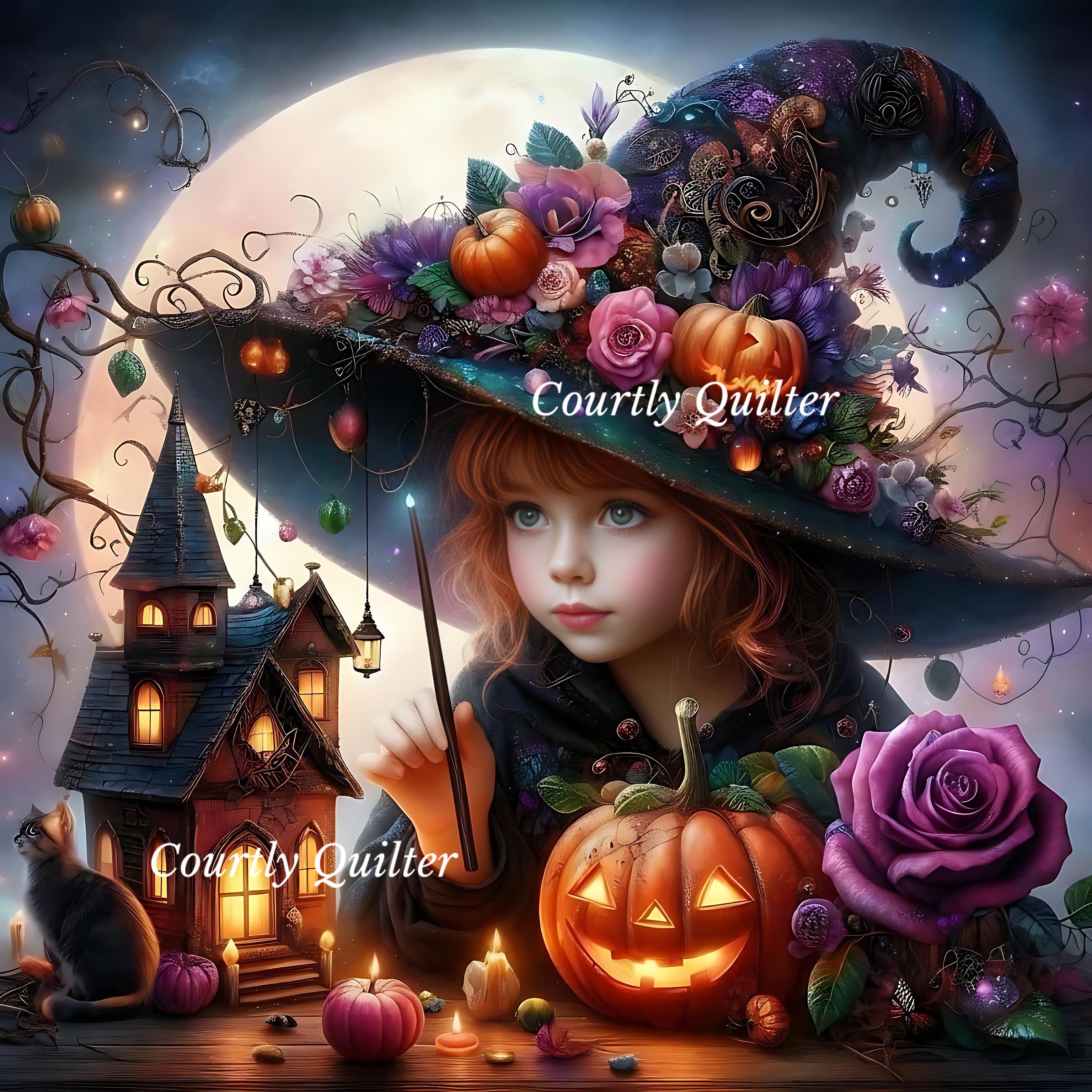 A whimsical fantasy illustration of a young girl with red hair wearing an ornate witch hat decorated with flowers and pumpkins, holding a wand.