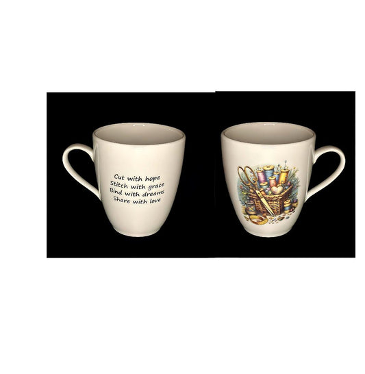 Courtly Quilter ceramic mug with basket of sewing supplies and quote, "cut with hope, stitch with grace, bind with dreams, share with love"