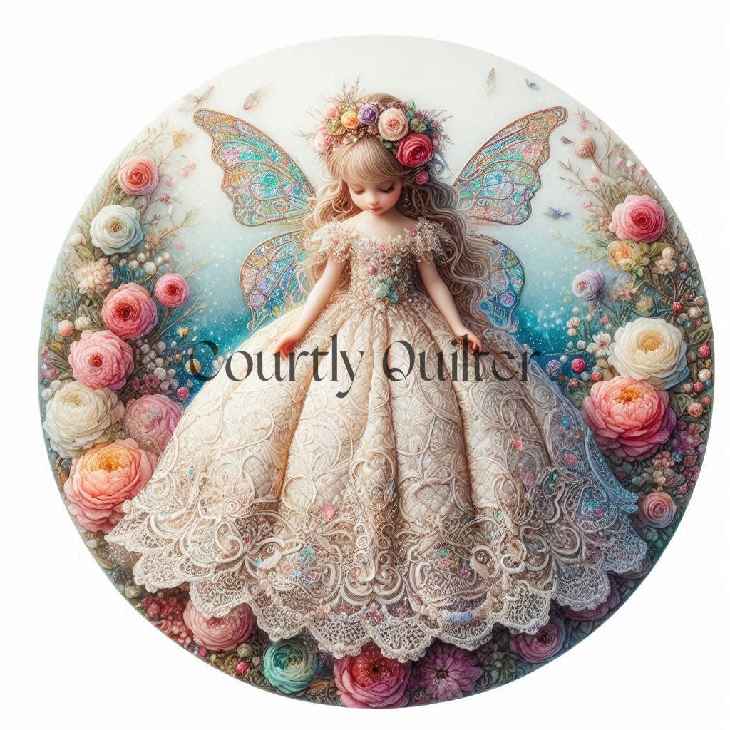 Courtly Quilter fairy with lacy decorative gown and white and pink flowers