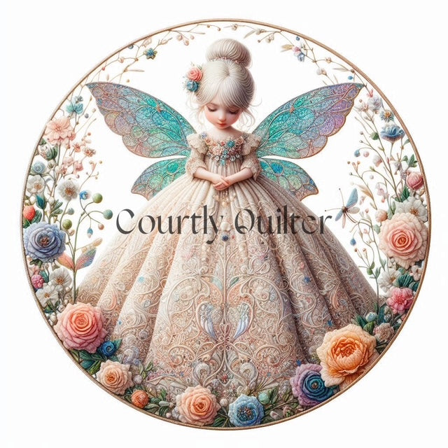Courtly Quilter fairy with turquoise wings, decorative gown and circle of blue, pink and orange flowers