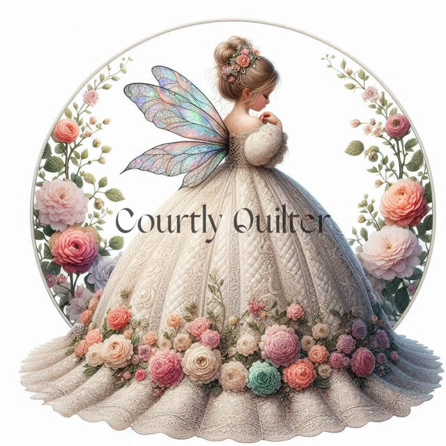Courtly Quilter side view of fairy with decorative quilted gown and multi colored flowers around base of gown