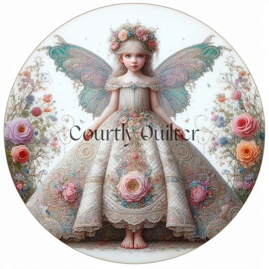 Courtly Quilter barefoot fairy with ivory dress and pink and orange roses