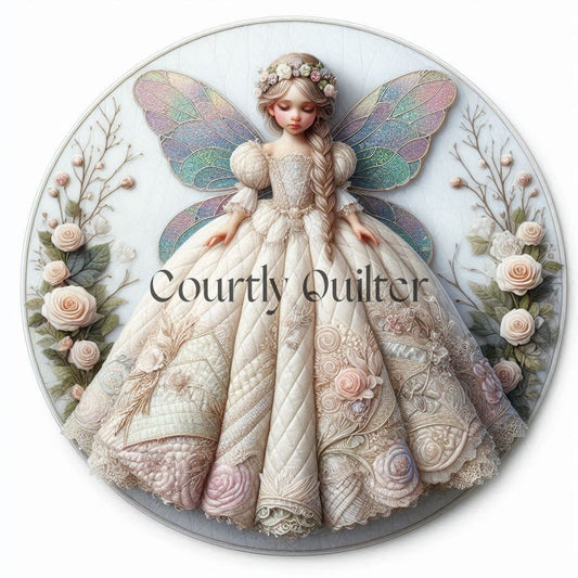 Courly Quilter fairy with ivory quilted dress and ivory roses 