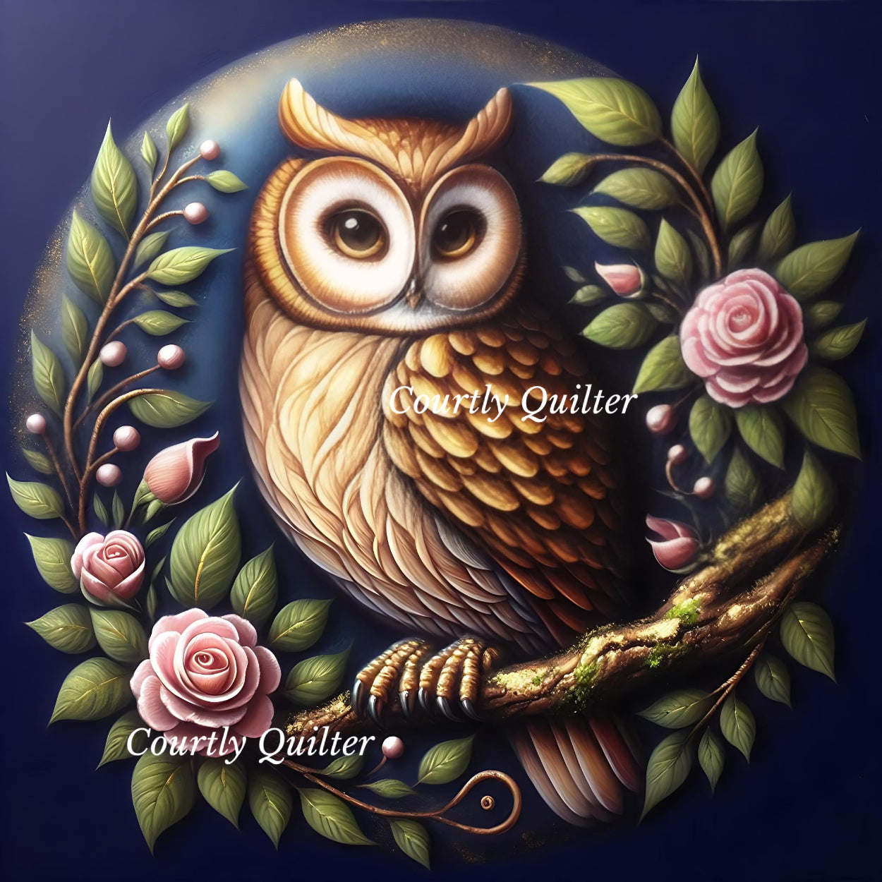 Colorful gold owl with floral elements on a dark blue background, Courtly Quilter