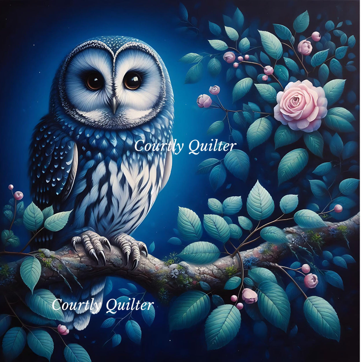 Blue owl perched on a branch with pink flowers and green leaves, Courtly Quilter