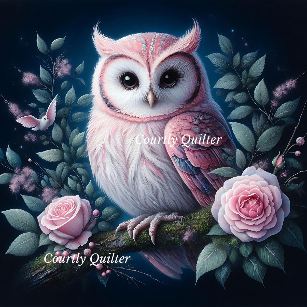 Pink owl with floral elements on a dark background, Courtly Quilter