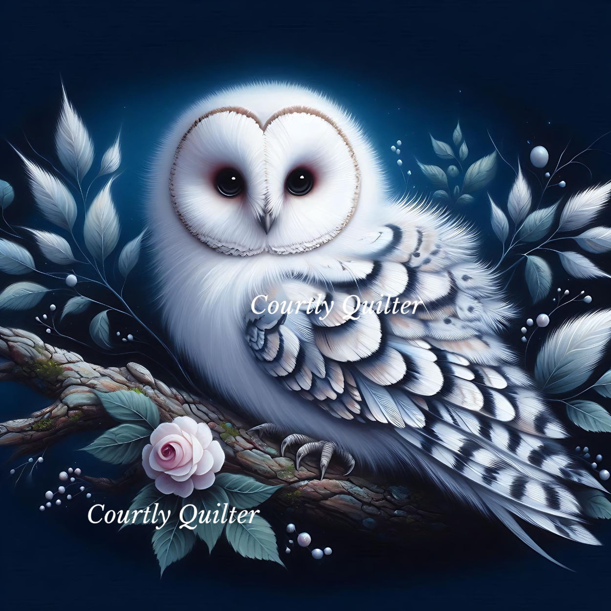 White owl with black tipped wings on a branch with pink rose, Courtly Quilter