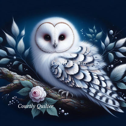 White owl with black tipped wings on a branch with pink rose, Courtly Quilter
