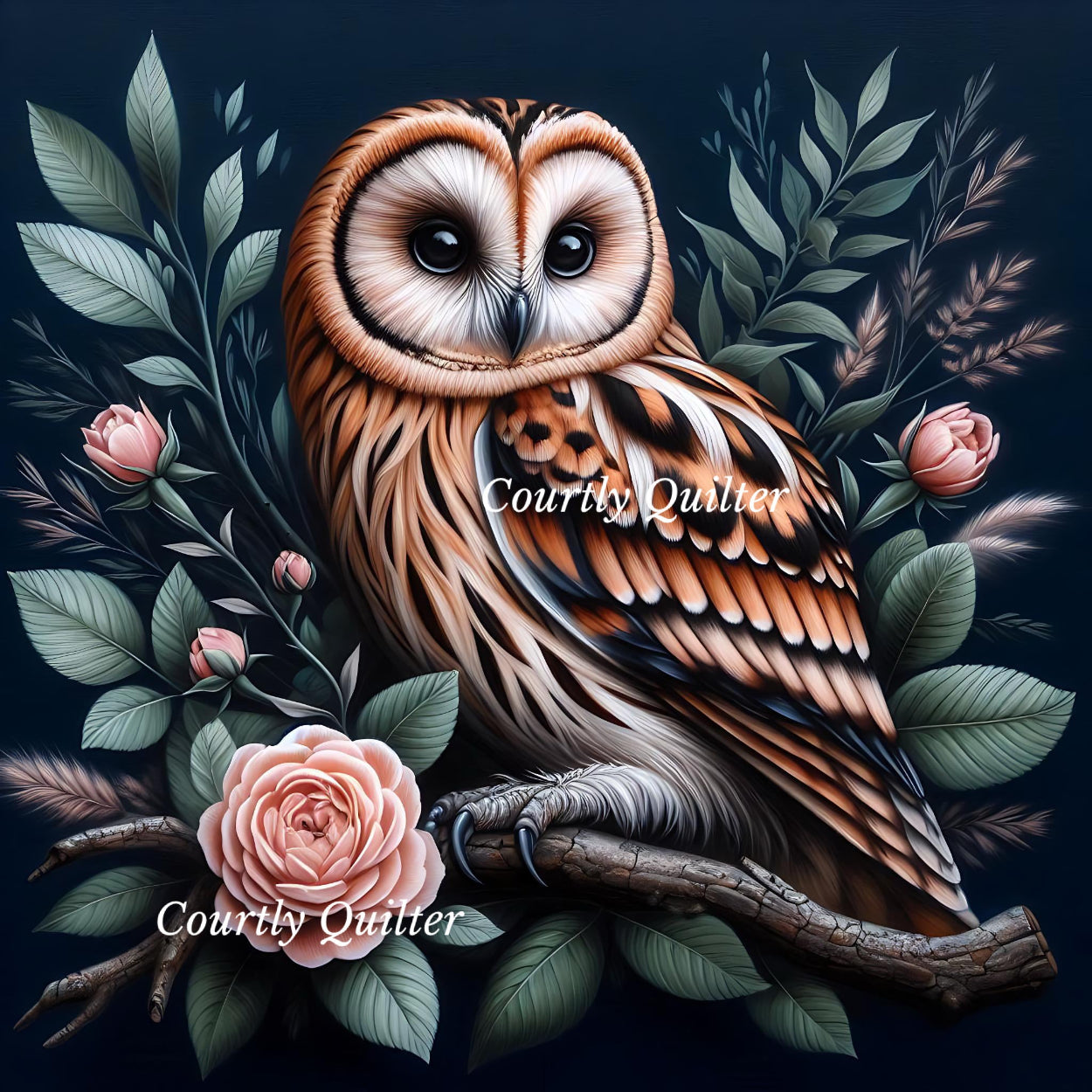 Peach and black owl perched on a branch with flowers and leaves, Courtly Quilter