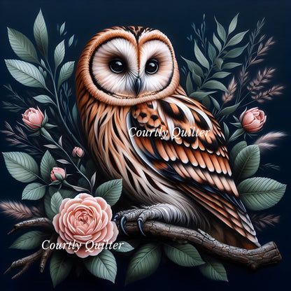 Peach and black owl perched on a branch with flowers and leaves, Courtly Quilter