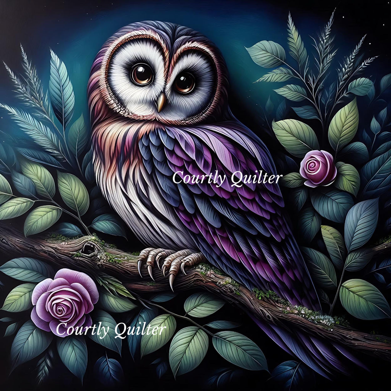 Purple and blue owl on a branch with soft lavender roses, Courtly Quilter
