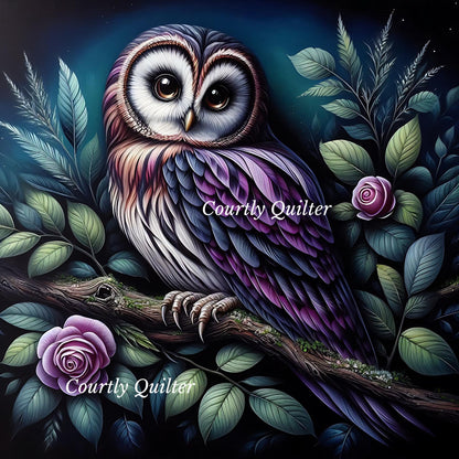Purple and blue owl on a branch with soft lavender roses, Courtly Quilter