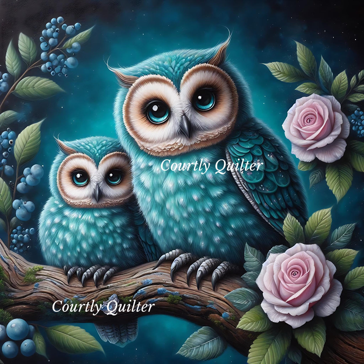 Two turquoise owls on a branch with flowers and berries, Courtly Quilter