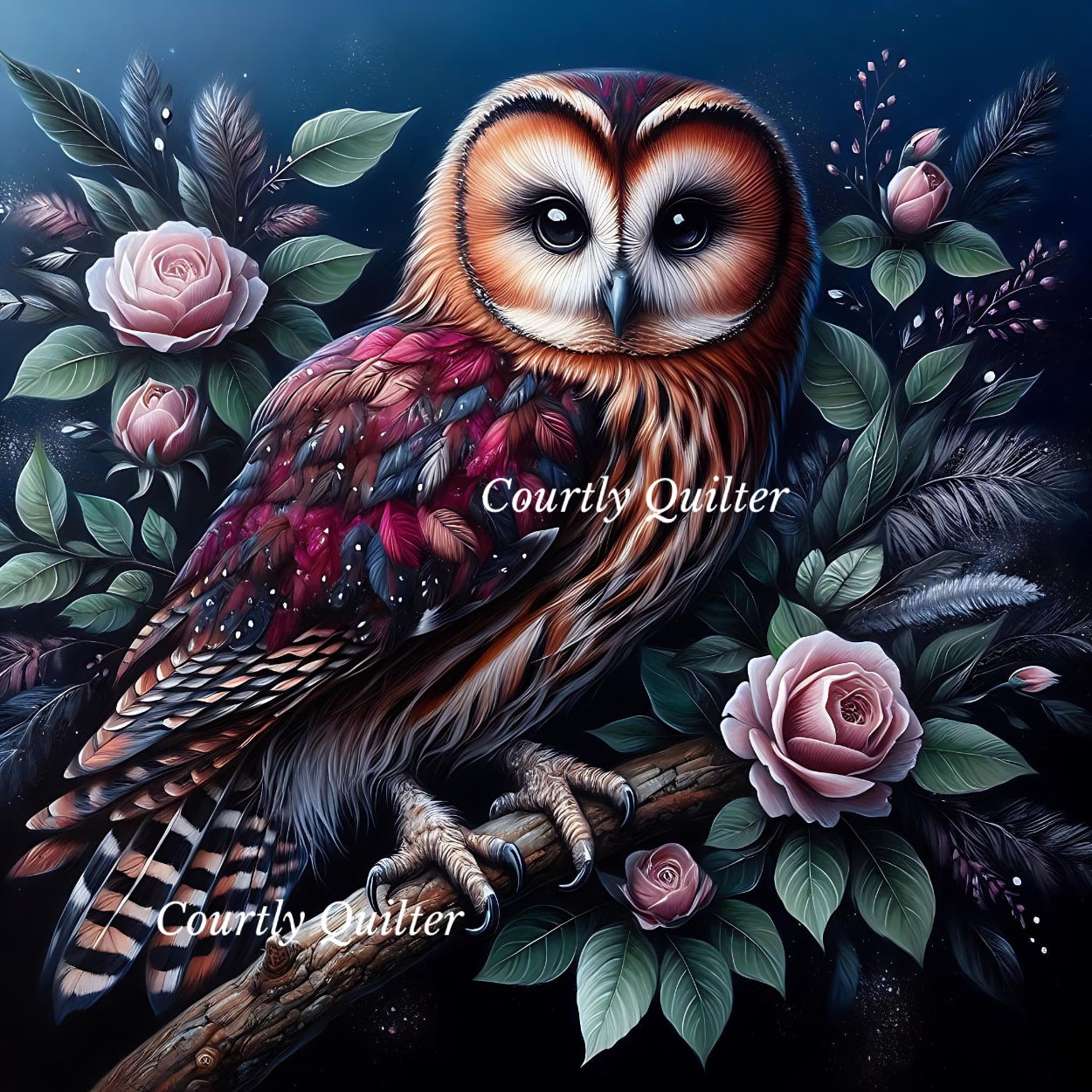 Colorful raspberry and rust owl with flowers and leaves on a dark background, Courtly Quilter