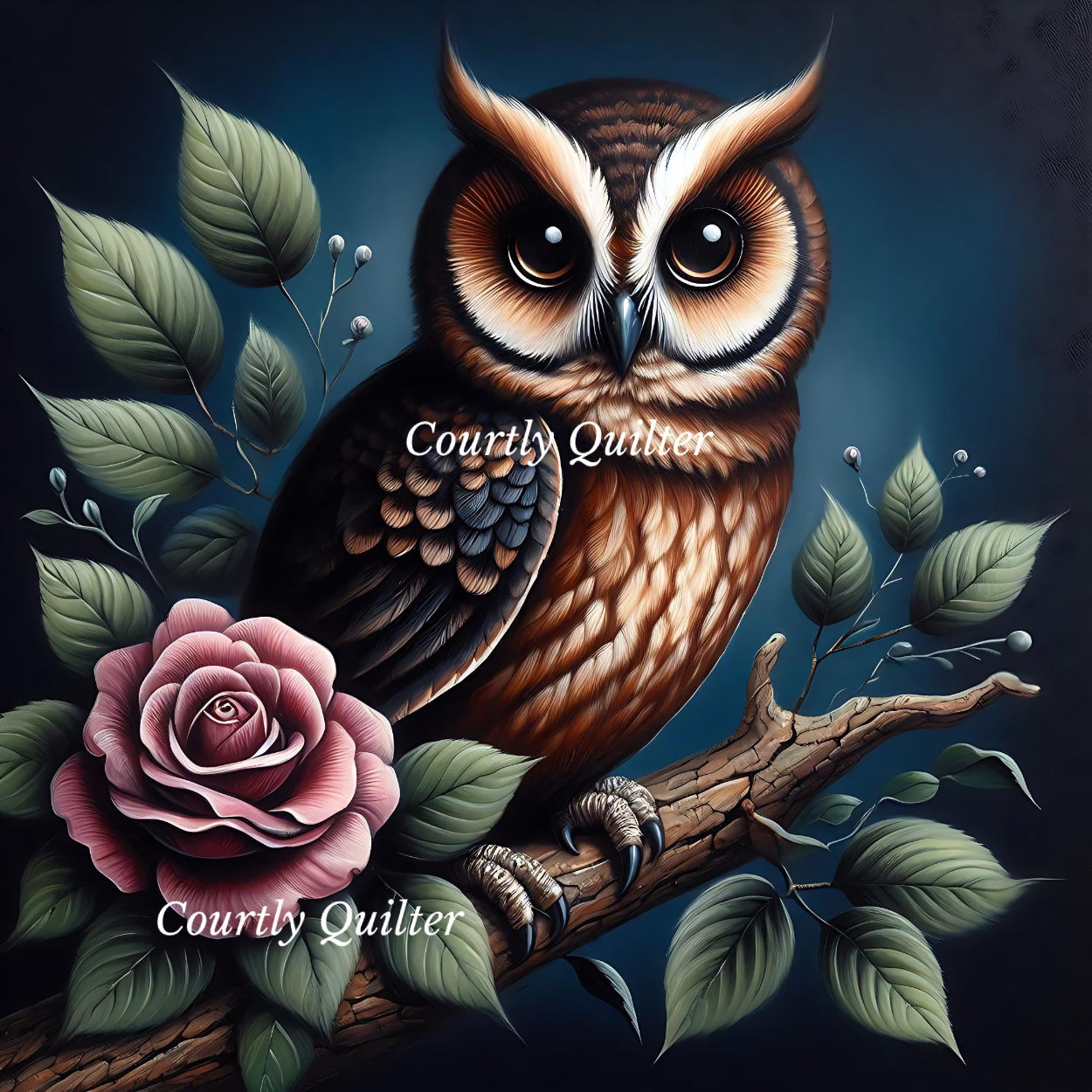 Brown owl perched on a branch with leaves and a rose, Courtly Quilter