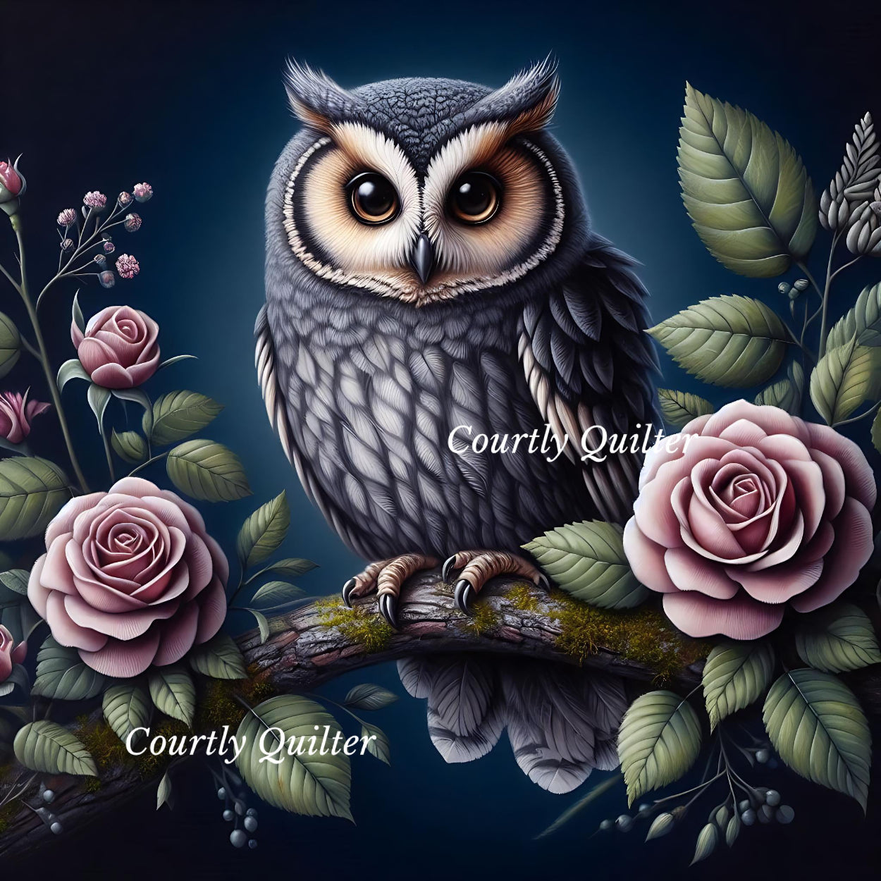 Gray owl on a branch with pink roses and green leaves, Courtly Quilter