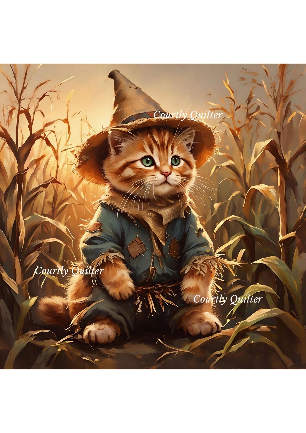Wizard of Oz kitten portraying the scarecrow without a brain, Courtly Quilter