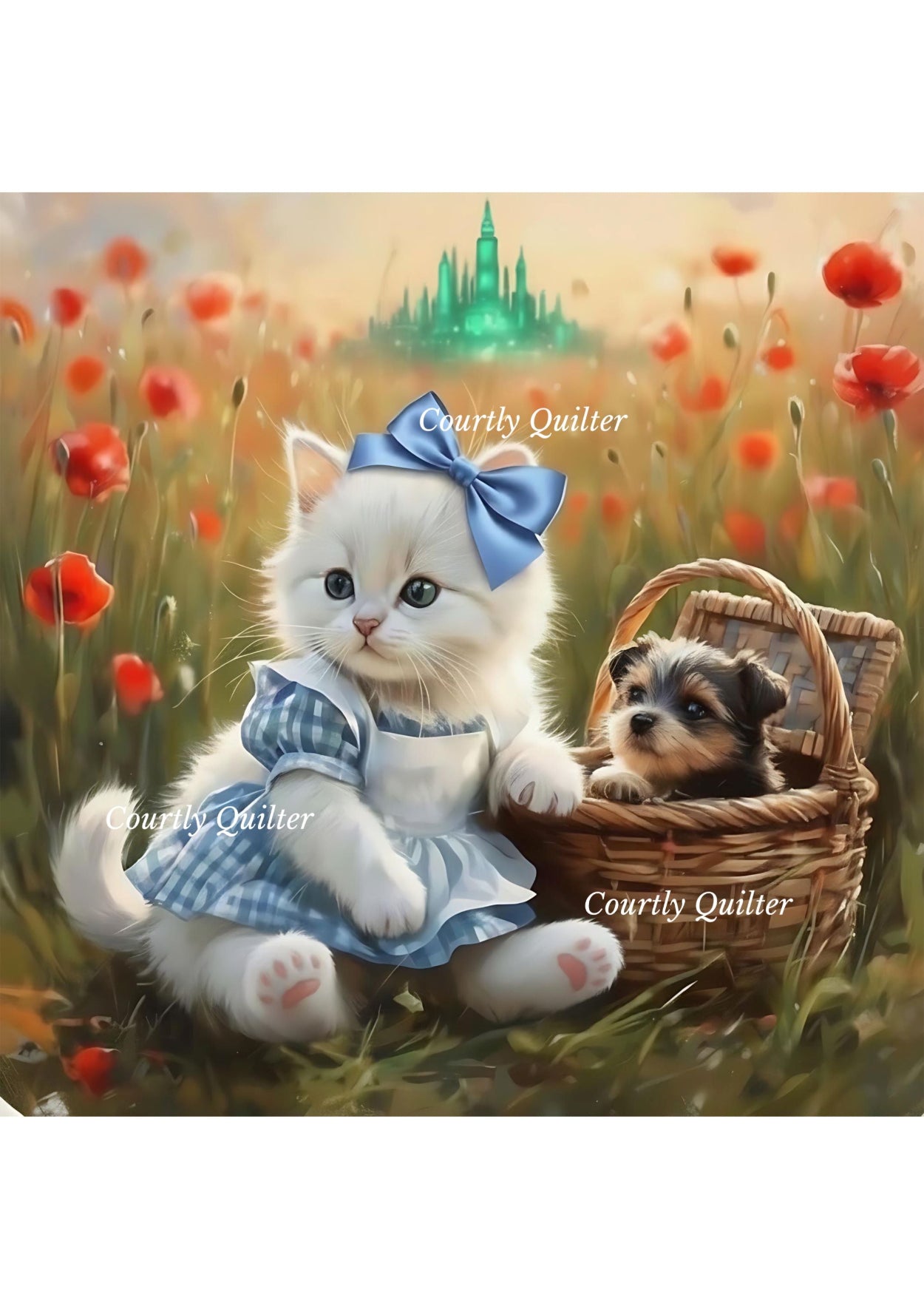 Wizard of Oz kitten portraying Dorothy with Toto, Courtly Quiter