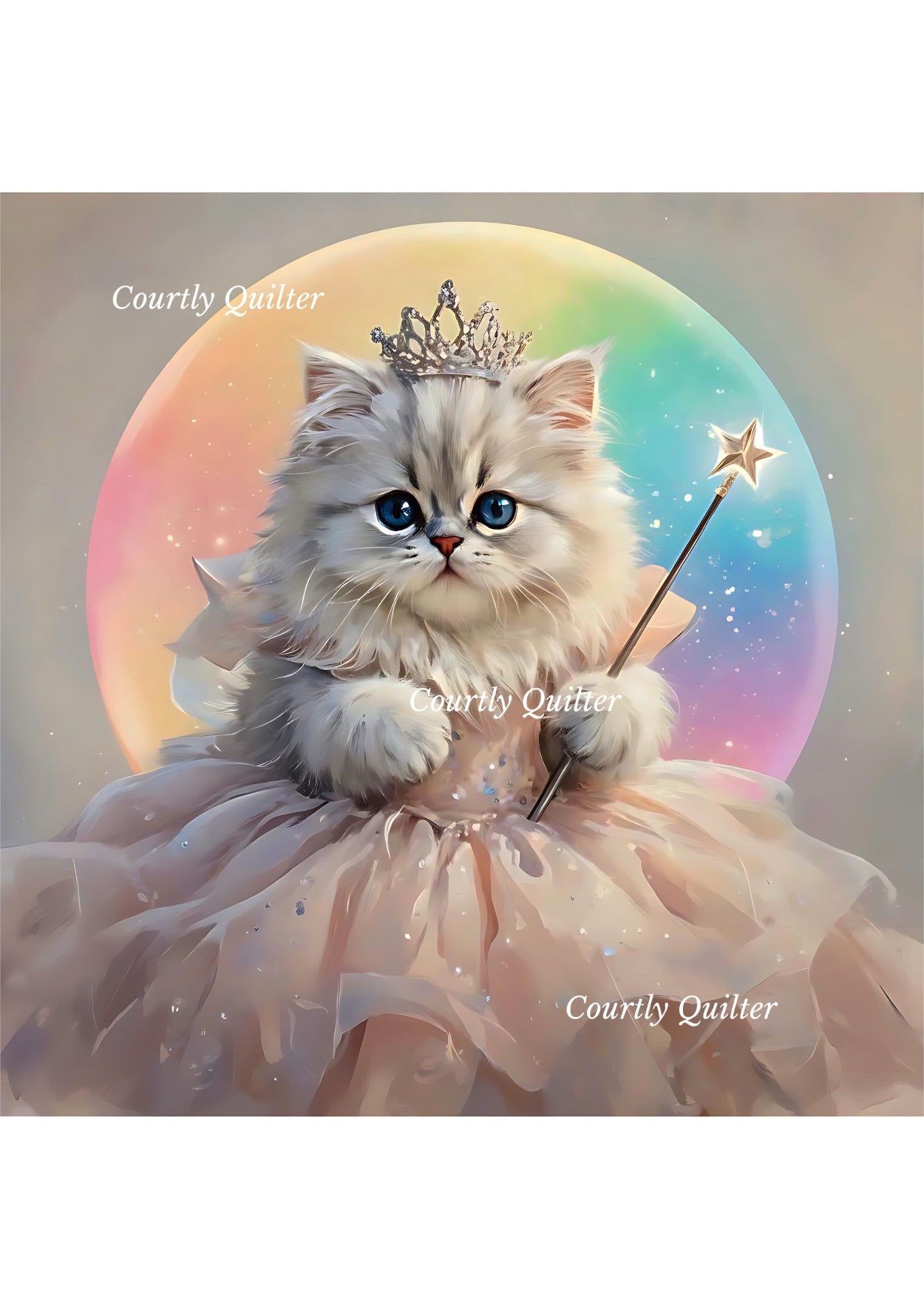 Wizard of Oz kitten portraying the good witch with a rainbow background, Courtly Quilter