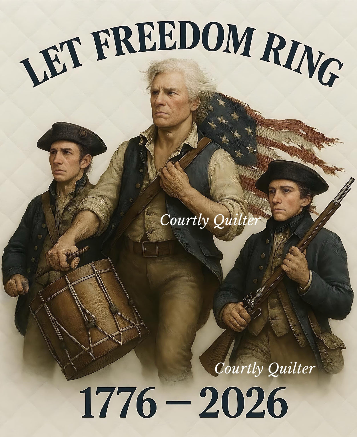 Three historical minutemen, including a flag and musket, on a beige background with 'Let Freedom Ring' text Courtly Quilter