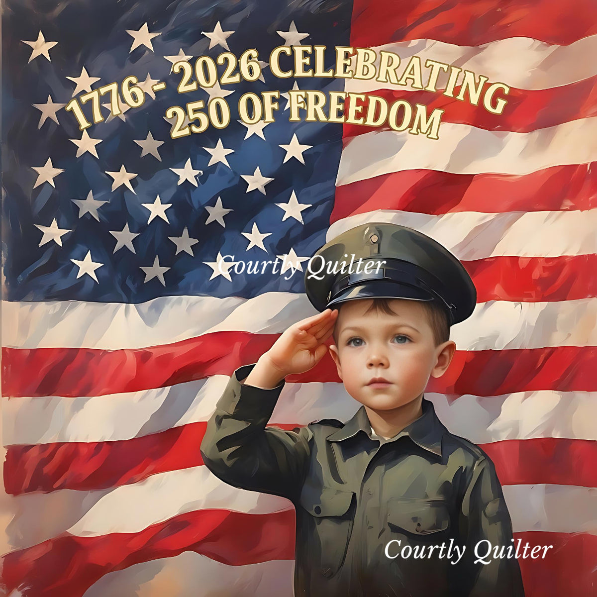 Child in uniform saluting in front of American flag with text '1776-2026 Celebrating 250 Years of Freedom' Courtly Quilter