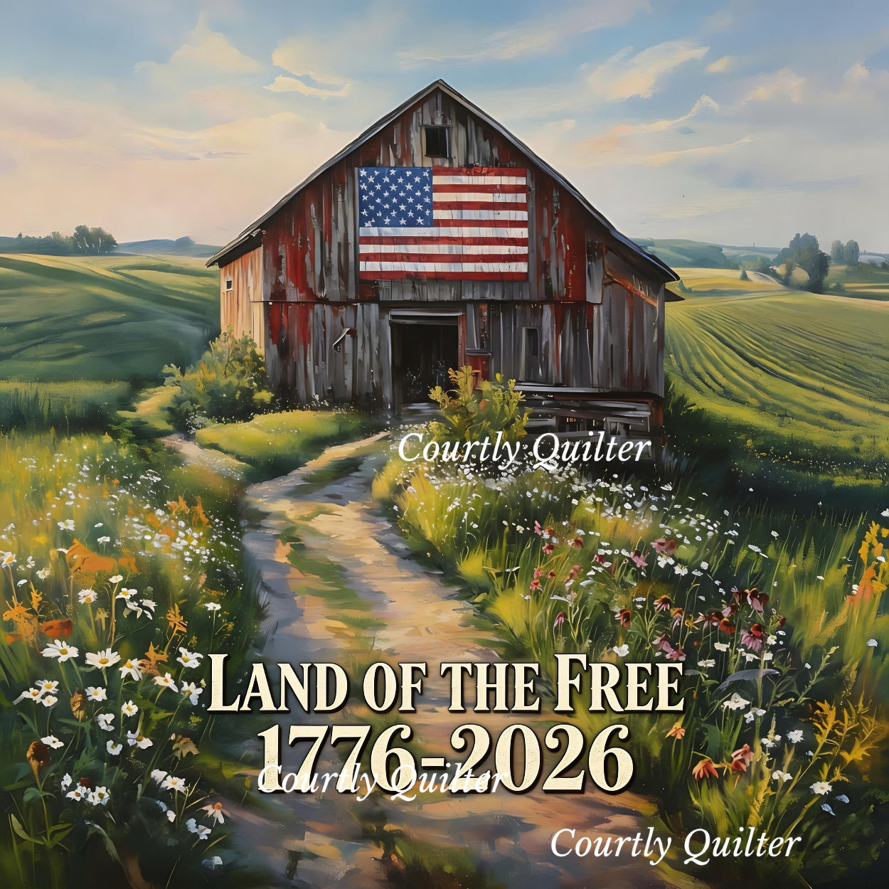 Barn with an American flag in a field, featuring 'Land of the Free 1776-2026' text, Courtly Quilter