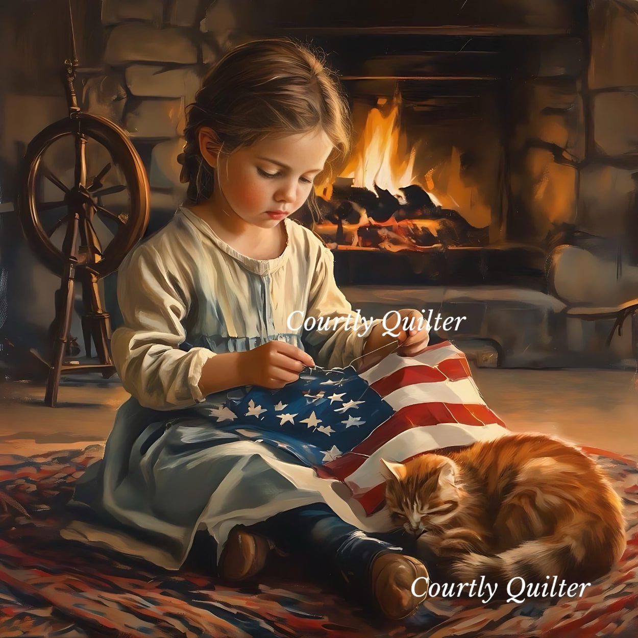 Young girl sewing an American flag in a cozy room with a fireplace and spinning wheel, Courtly Quiter