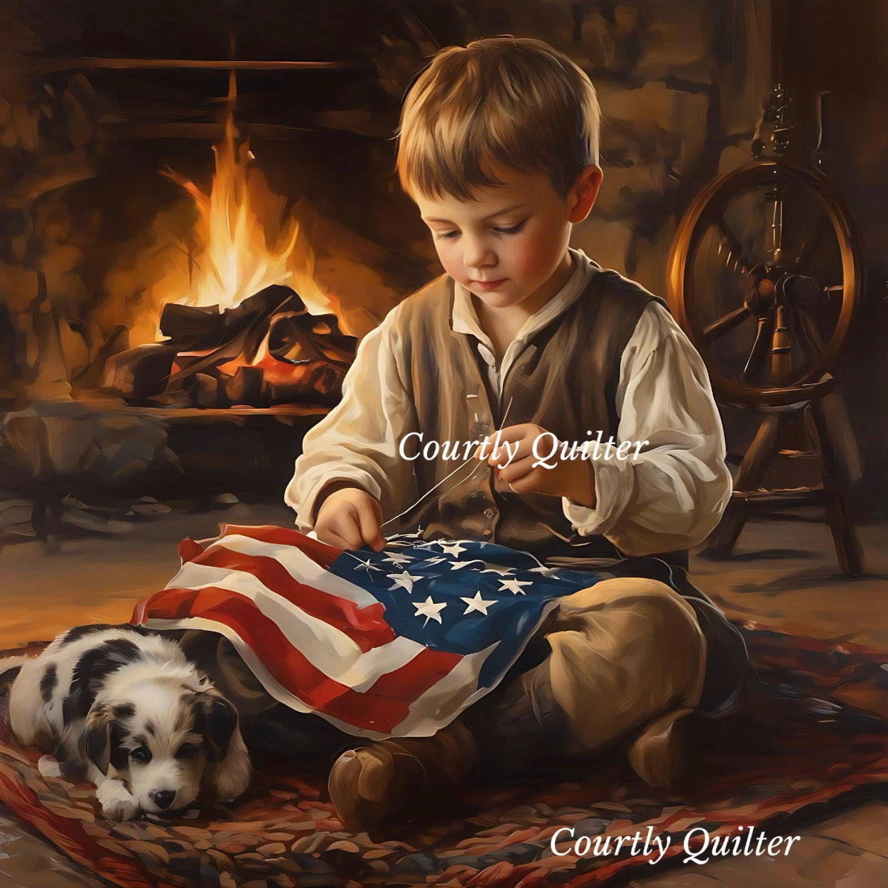 Young boy quilting with a dog by a fireplace, Courtly Quilter