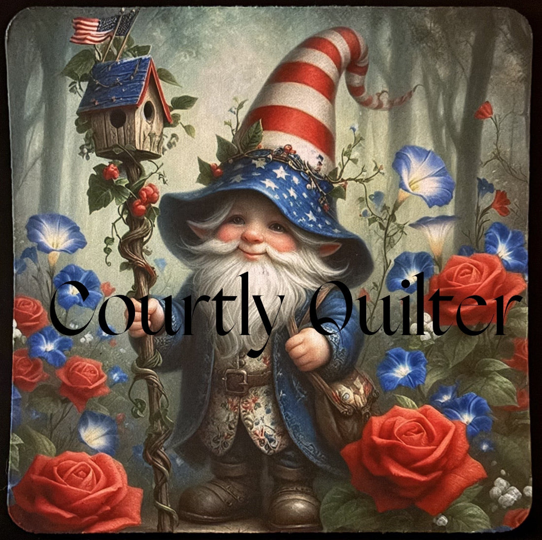 Courtly Quilter patriotic gnome mouse pad, character with red, white and blue hat surrounded by red and blue flowers and bird house. 