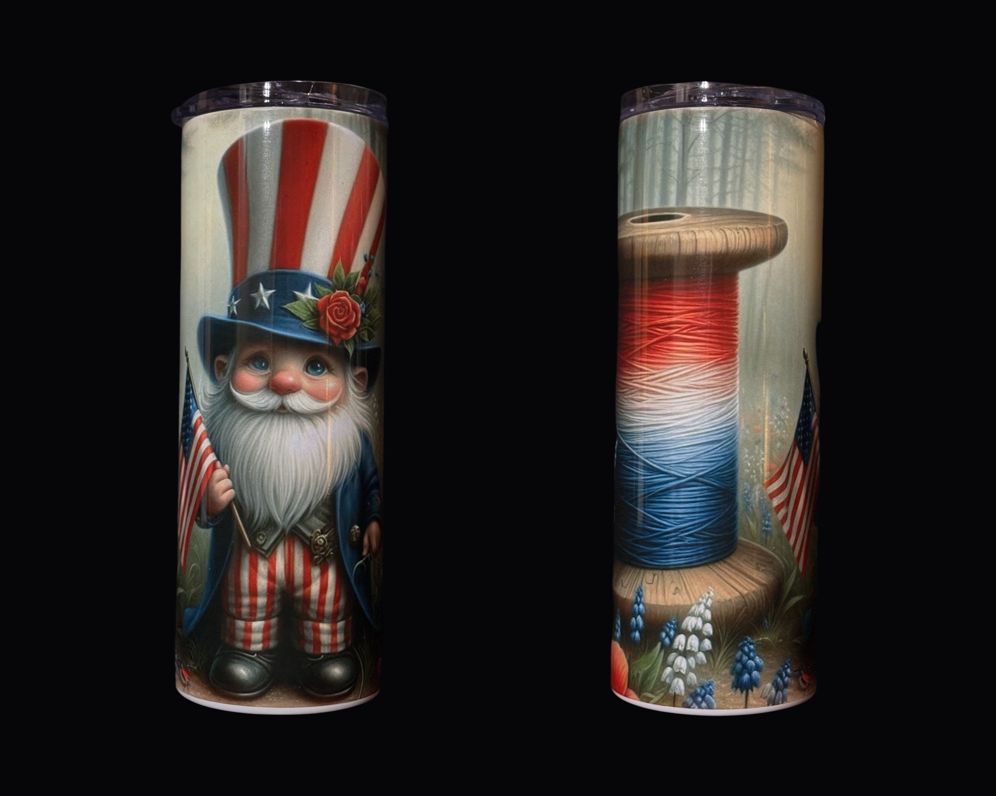 Drinking tumbler with patriotic sewing gnome and spool of thread, Courtly Quilter