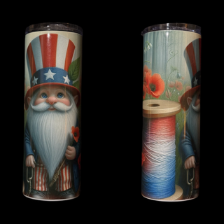 Drinking tumbler with patriotic sewing gnome
