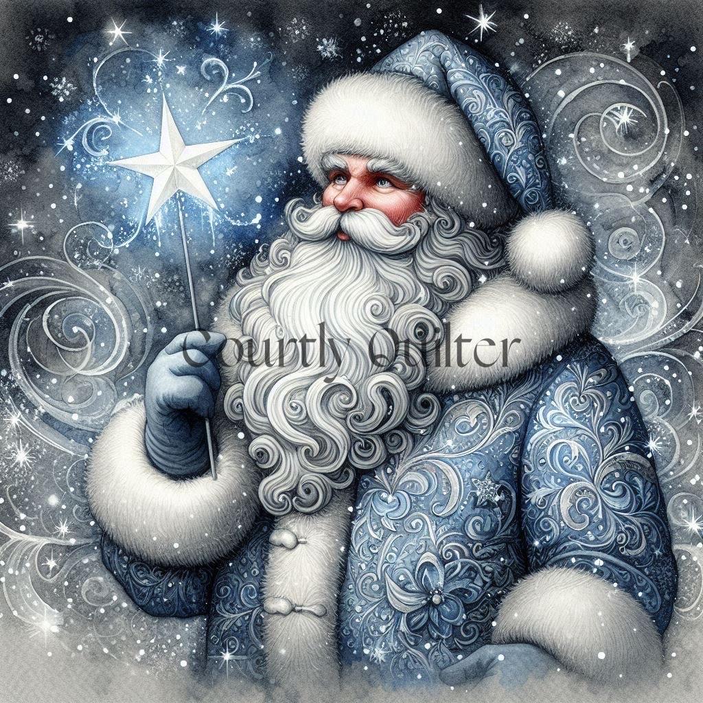 Illustration of a Courtly Quilter fantasy Santa Claus holding a star, with intricate patterns and a magical atmosphere.