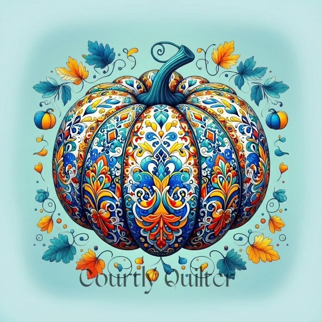 Decorative pumpkin with intricate patterns on a light blue background, featuring the 'Courtly Quilter' brand.