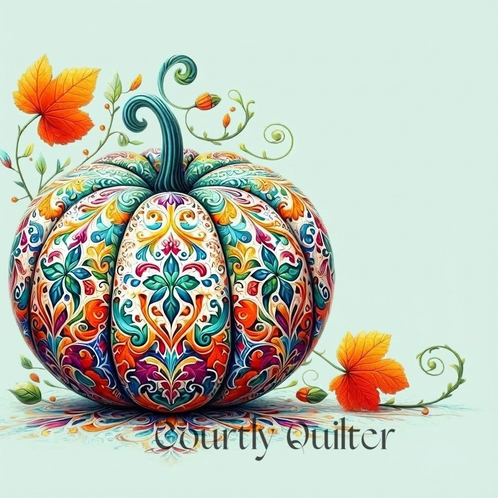 Courtly Quilter colorful patterned pumpkin with floral designs on a light blue background