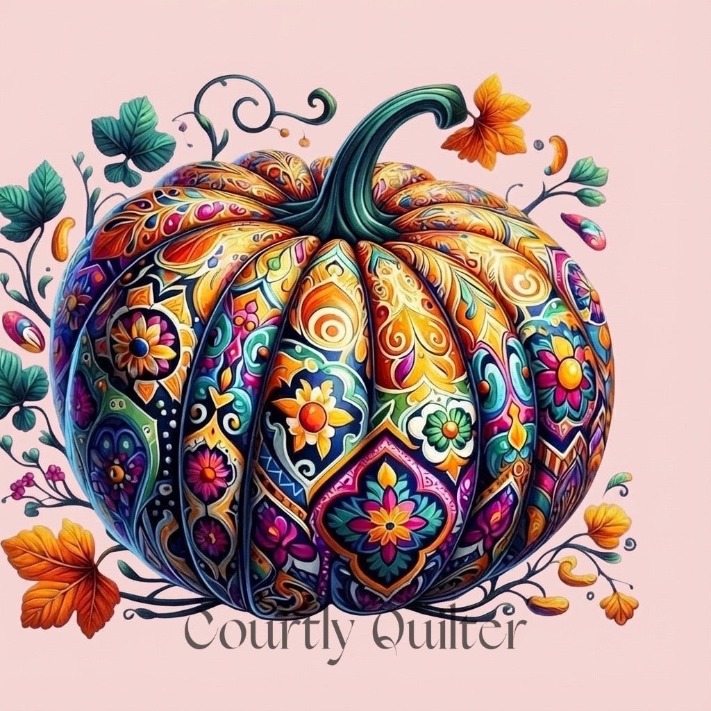Colorful patterned pumpkin with floral designs on a pink background, featuring the brand 'Courtly Quilter'.