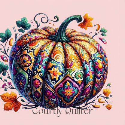 Colorful patterned pumpkin with floral designs on a pink background, featuring the brand 'Courtly Quilter'.