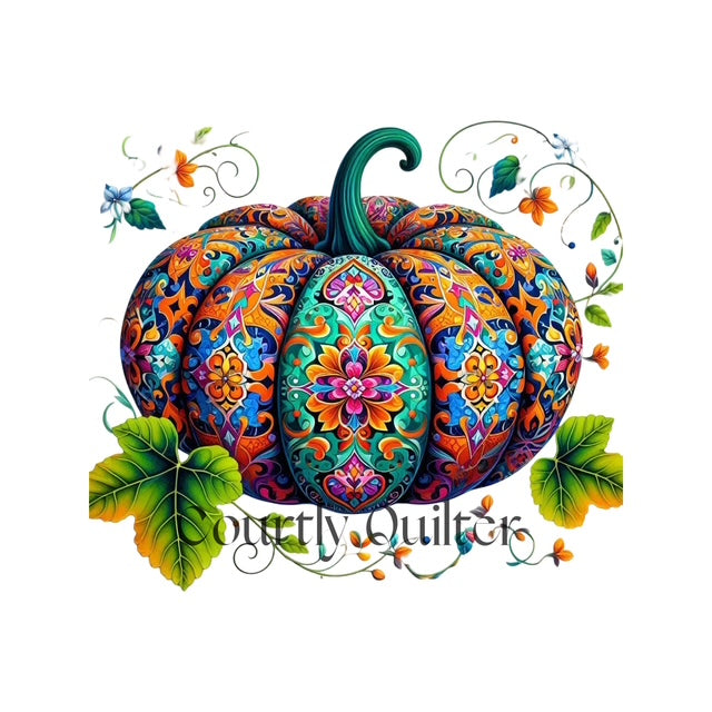 Courtly Quilter teal stem colorful patterned pumpkin with decorative green leaves 
