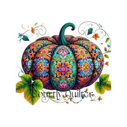 Courtly Quilter teal stem colorful patterned pumpkin with decorative green leaves 