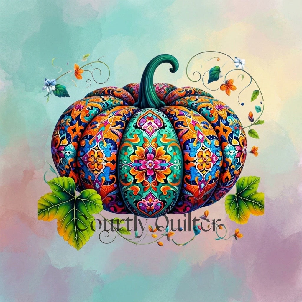 Colorful pumpkin with intricate patterns on a pastel background, Courtly Quilter