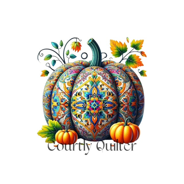 Courtly Quilter decorative pumpkin with intricate patterns and leaves and two small pumpkins 